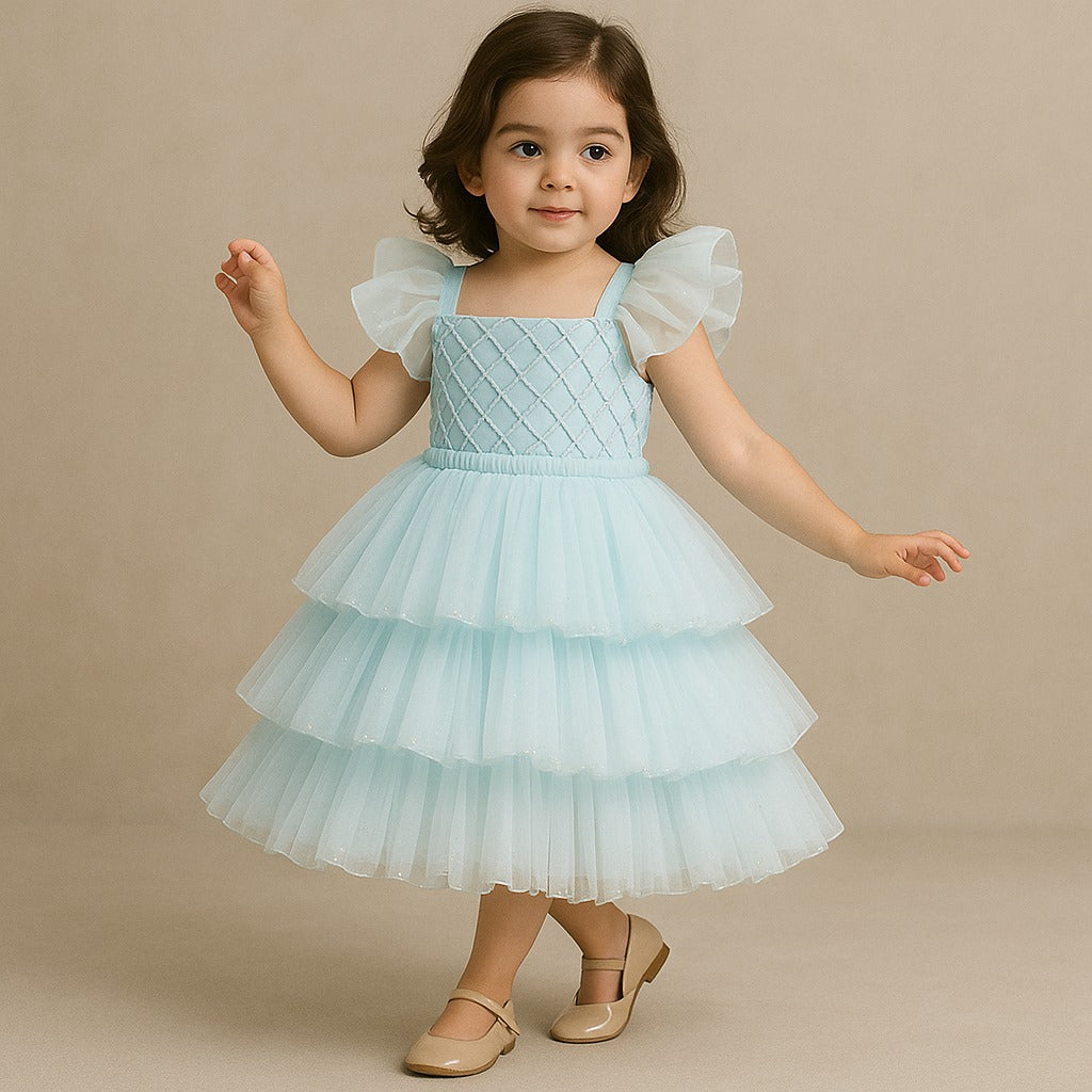 Pre Order: Blue Embellished Strappy Back Tie Up Frilly Layered Dress