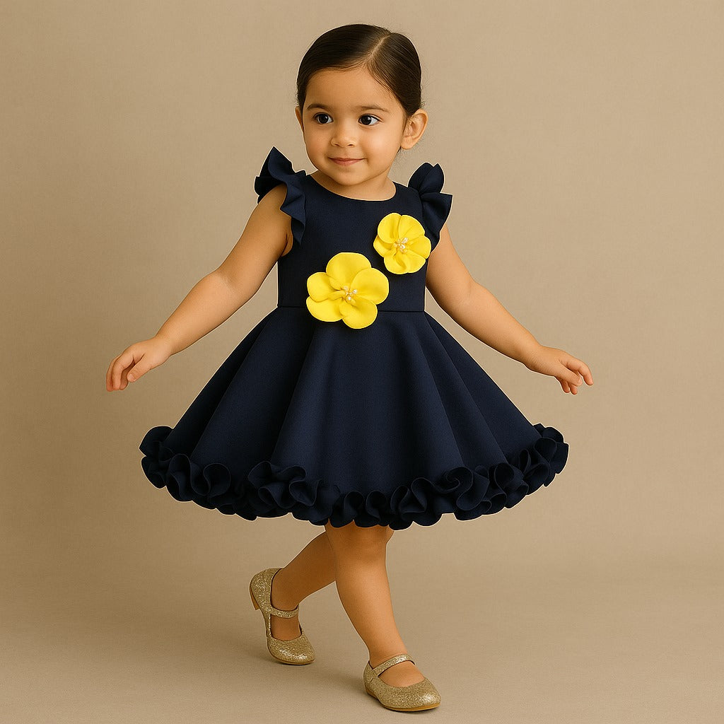 Pre Order: Artificial Flowers Embellished Ruffle Detailed Dress