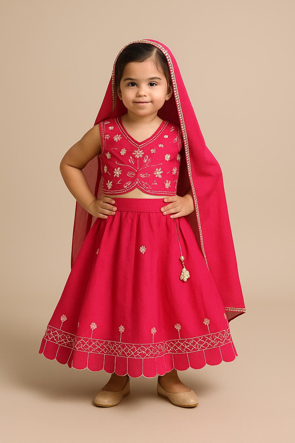 Pre Order: Pink Embroidered Top And Lehenga With Dupatta