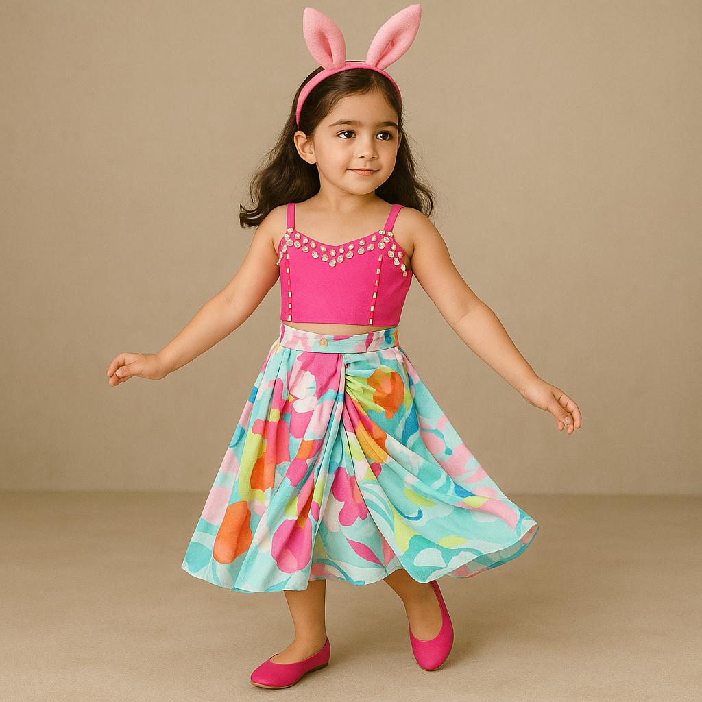 Pre Order: Pink Embellished Strappy Top And Printed Draped With Flared Skirt
