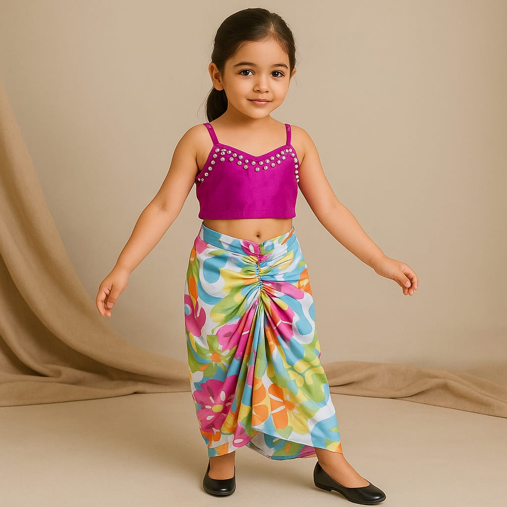 Pre Order: Pink Embellished Strappy Top And Printed Draped Skirt