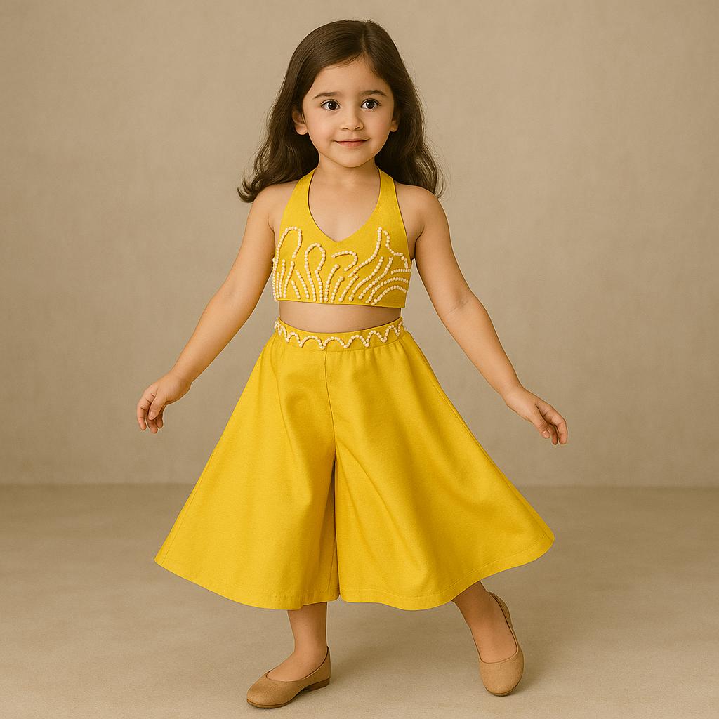 Pre Order: Yellow Halter Neck Back Bow Enhanced Top With Flared Palazzo
