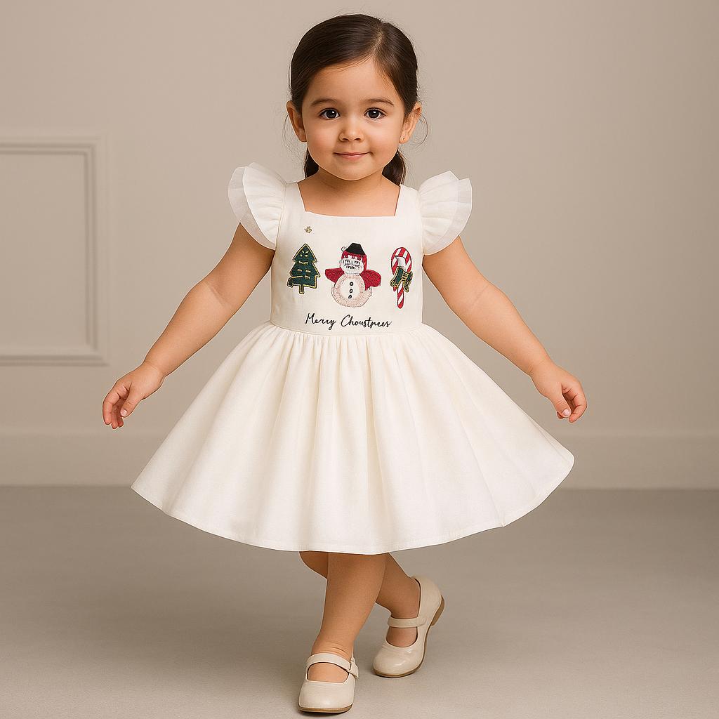 Pre Order: Christmas Embroidery Enhanced Off White Dress