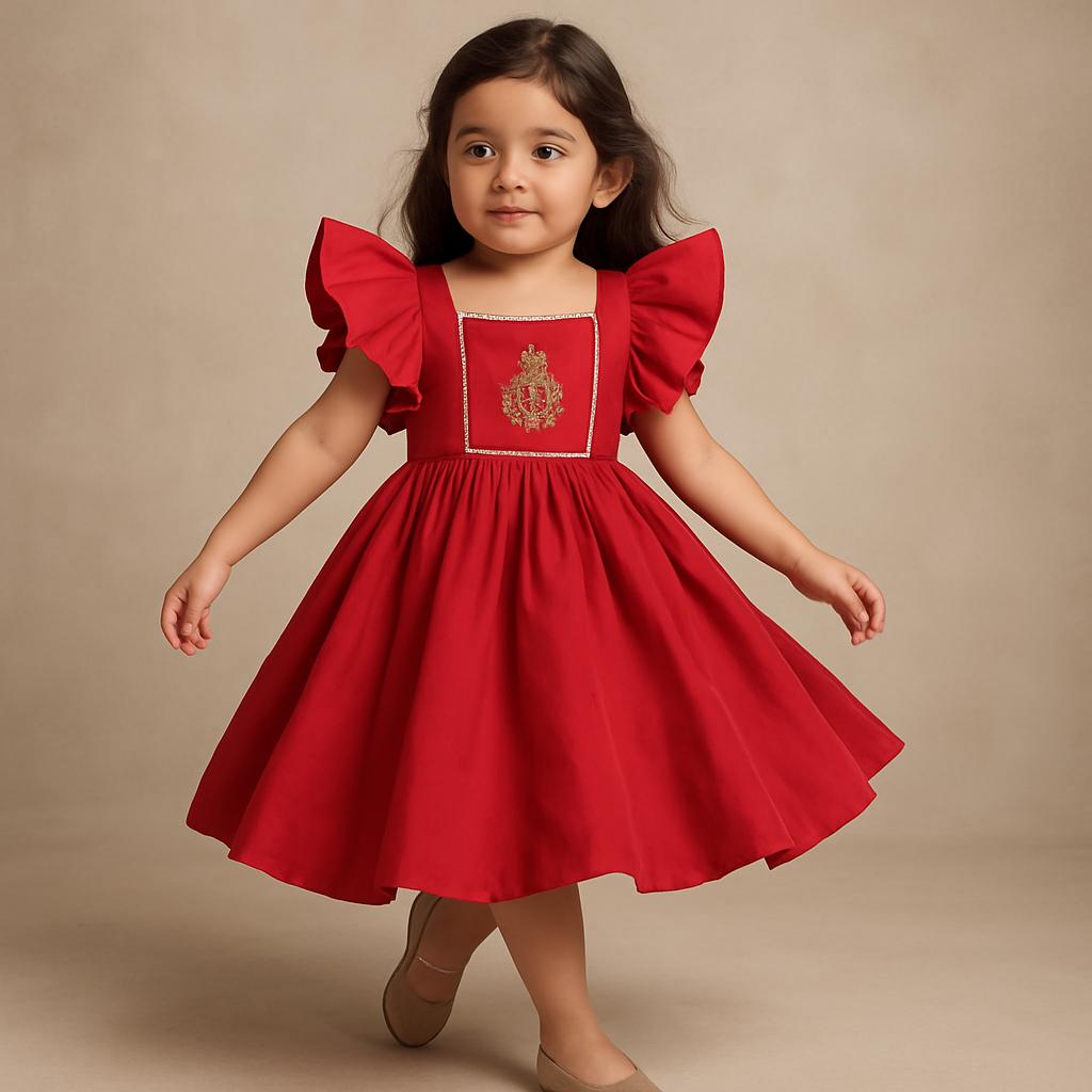 Pre Order: Red Hand Embroidered Frilly Dress