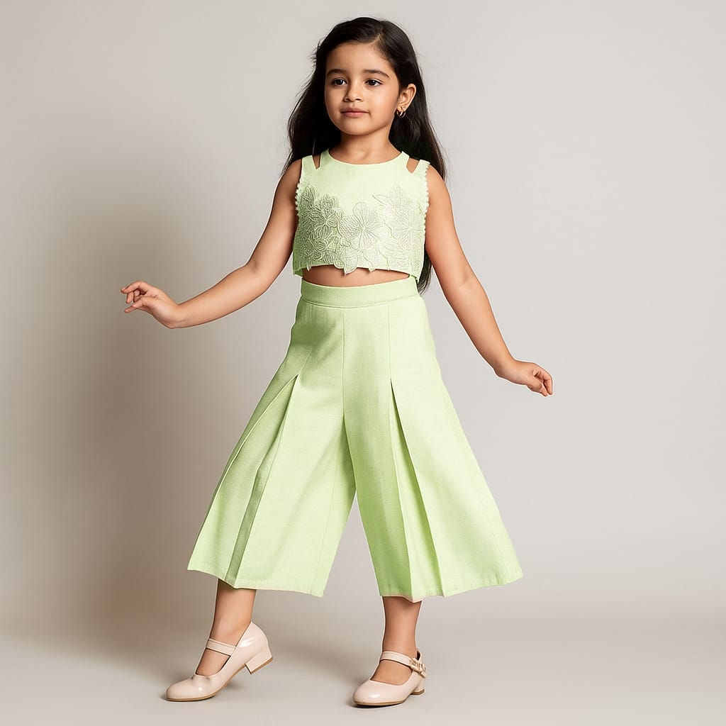 Pre Order: Embroidered Pastel Green Top And Pleated Palazzo