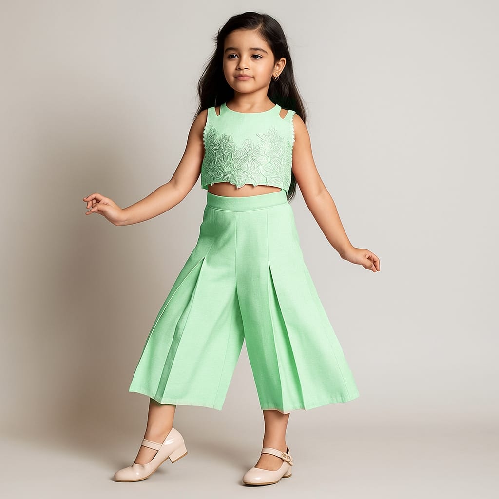 Pre Order: Embroidered Green Top And Pleated Palazzo