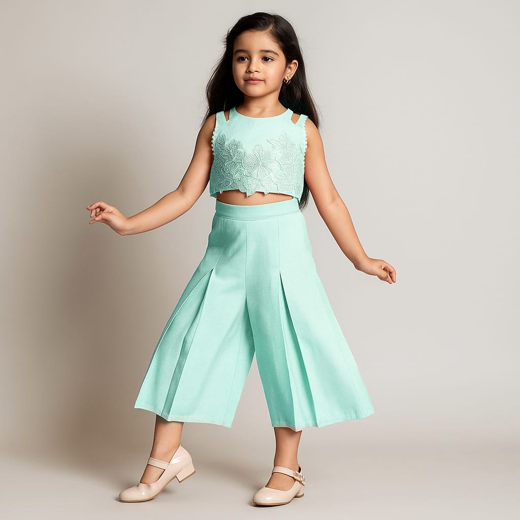 Pre Order: Embroidered Pastel Blue Top And Pleated Palazzo