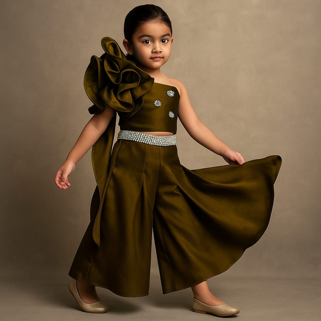 Pre Order: Green Swirled Flower Embellished One Shoulder Top And Flared Palazzo
