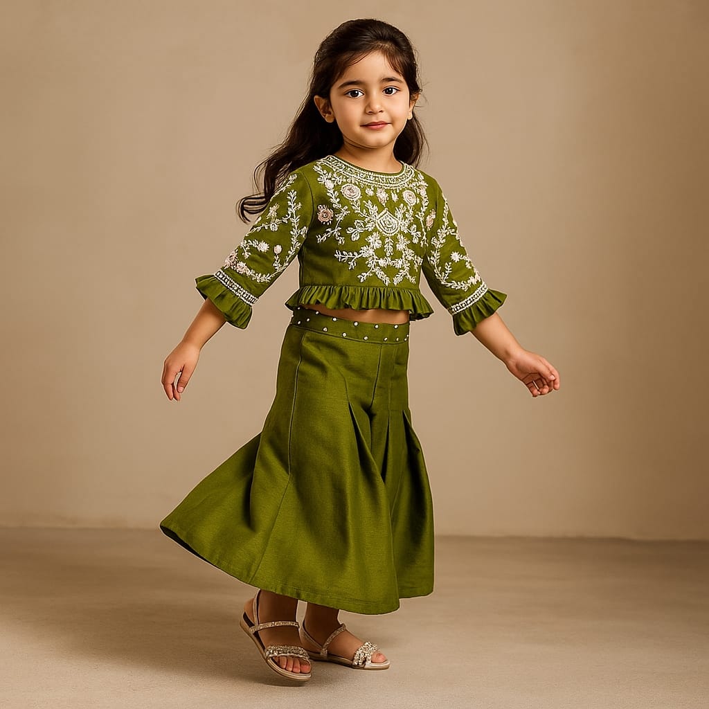 Pre Order: Floral Embroidered Green Top And Palazzo