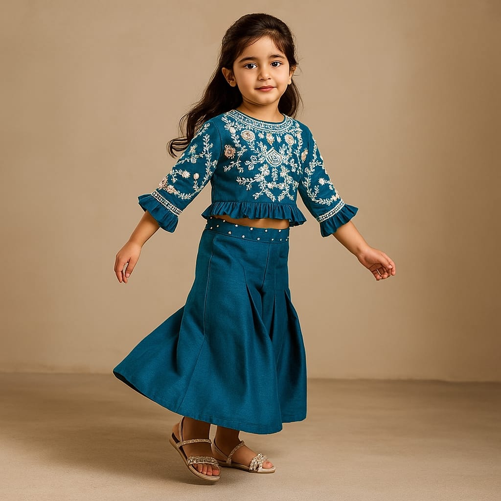 Pre Order: Floral Embroidered Blue Top And Palazzo