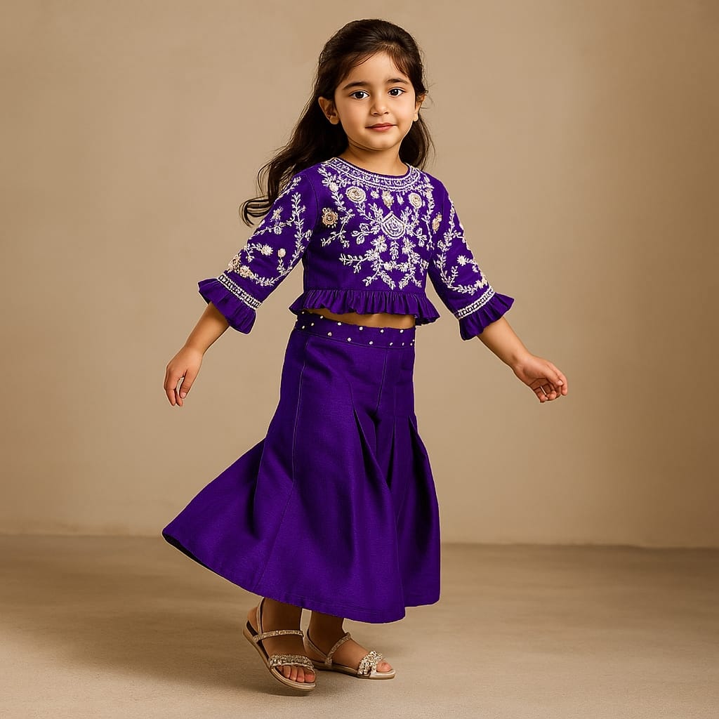 Pre Order: Floral Embroidered Purple Top And Palazzo