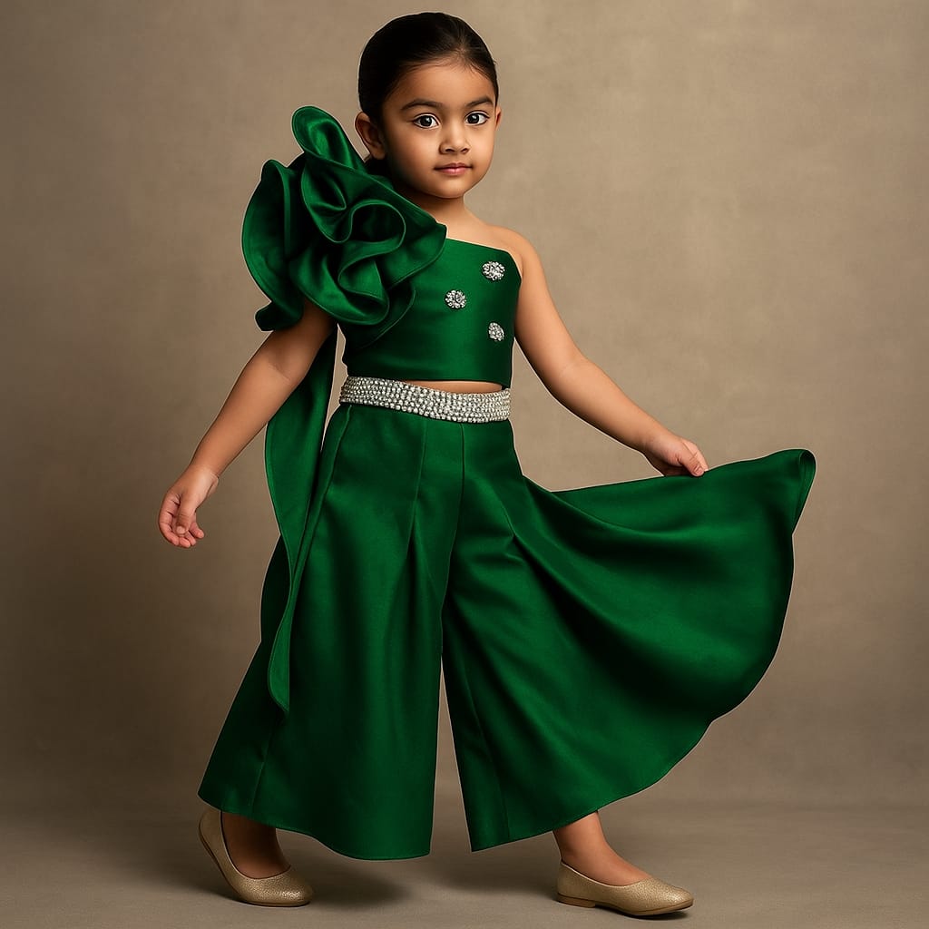 Pre Order: Green Swirled Flower Embellished One Shoulder Top And Flared Palazzo