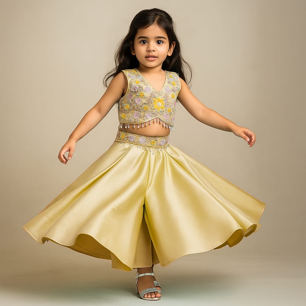 Pre Order: Floral Embroidered Stylish Yellow Top And Palazzo