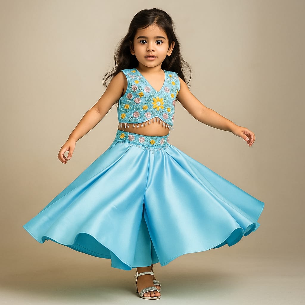 Pre Order: Floral Embroidered Stylish Sky Blue Top And Palazzo