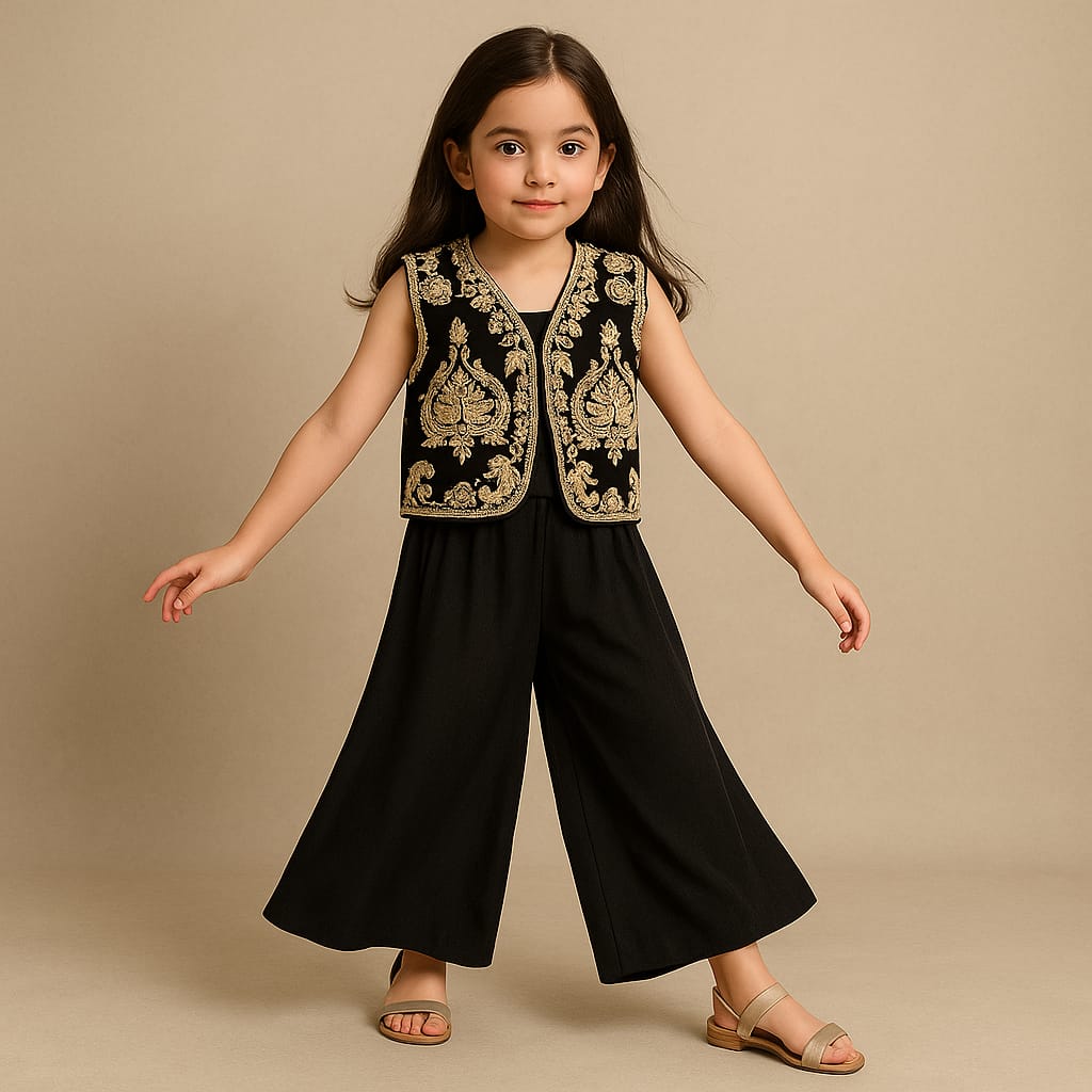 Pre Order: Black Embroidered Top With Flared Palazzo