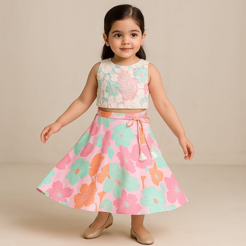 Pre Order: Floral Embroidered Printed Multicolour Scalloped Top And Fringes Tassels Enhanced Palazzo