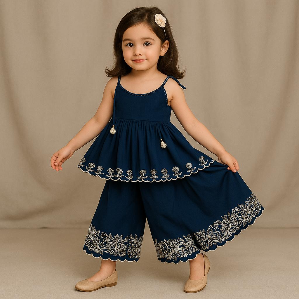 Pre Order: Scalloped Hem Tie Up Strappy Blue Top And Palazzo