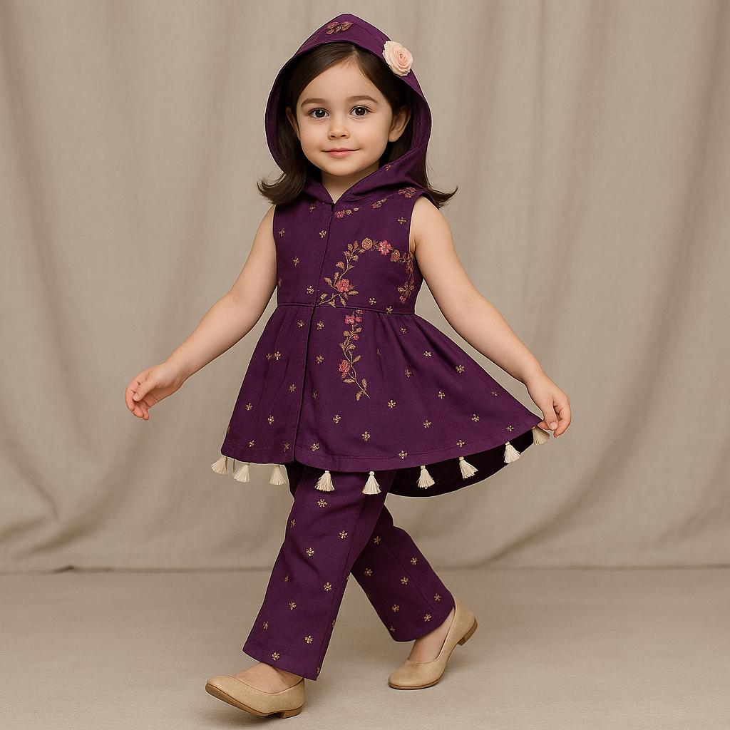 Pre Order: Purple Embroidered Kurti With Palazzo And Dupatta