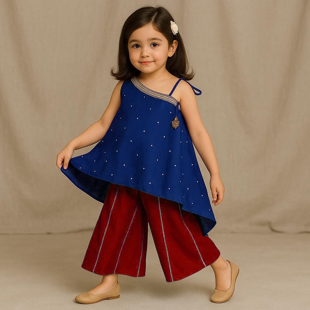 Pre Order: Blue One Shoulder Stylish Kurti And Flared Palazzo
