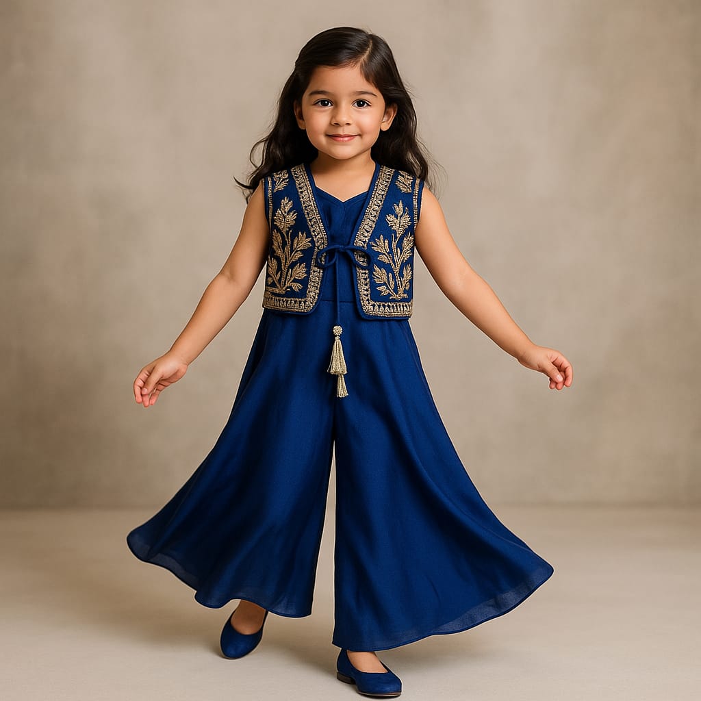 Pre Order: Blue Jumpsuit With Velvet Embroidered Jacket