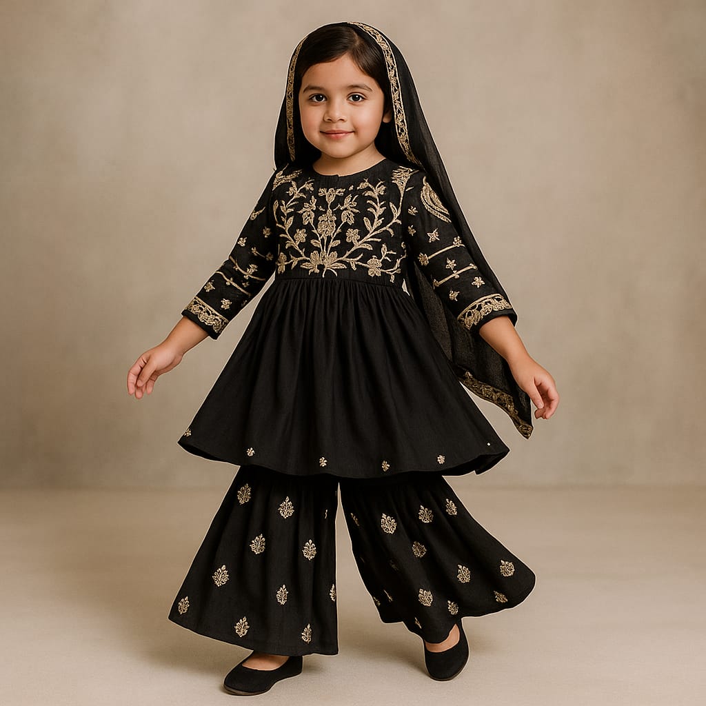 Pre Order: Black Embroidered Pleats Detailed Kurti And Sharara With Dupatta