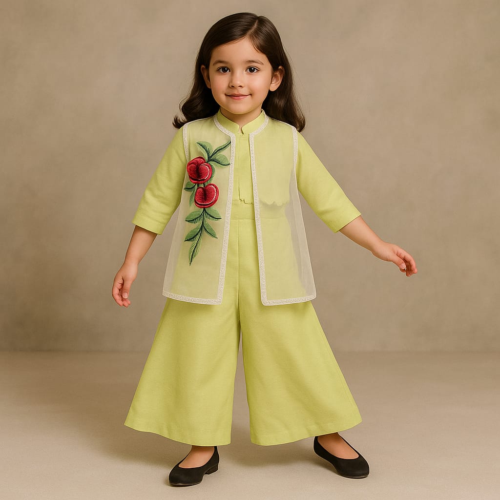 Pre Order: Green Top With Embroidered Applique Jacket And Palazzo