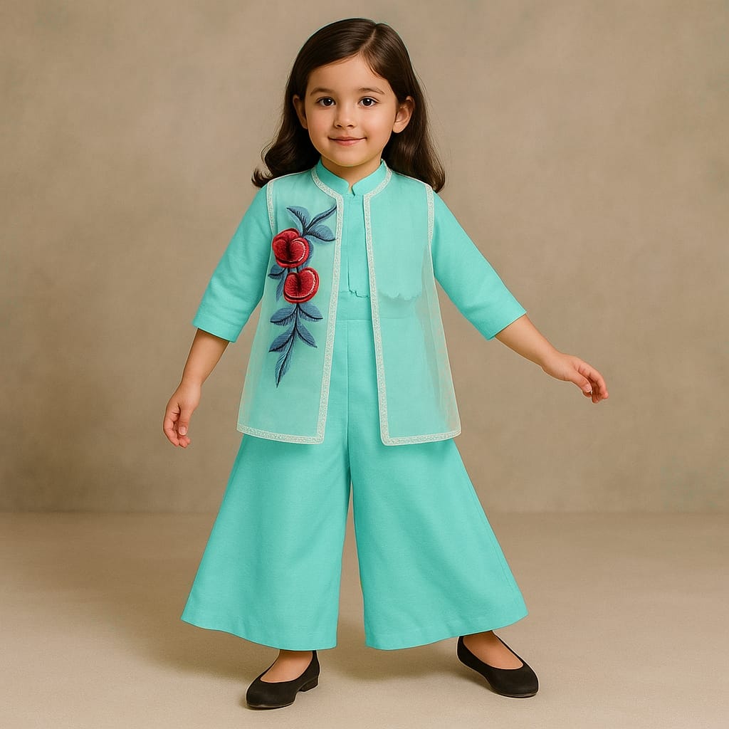 Pre Order: Sea Blue Top With Embroidered Applique Jacket And Palazzo