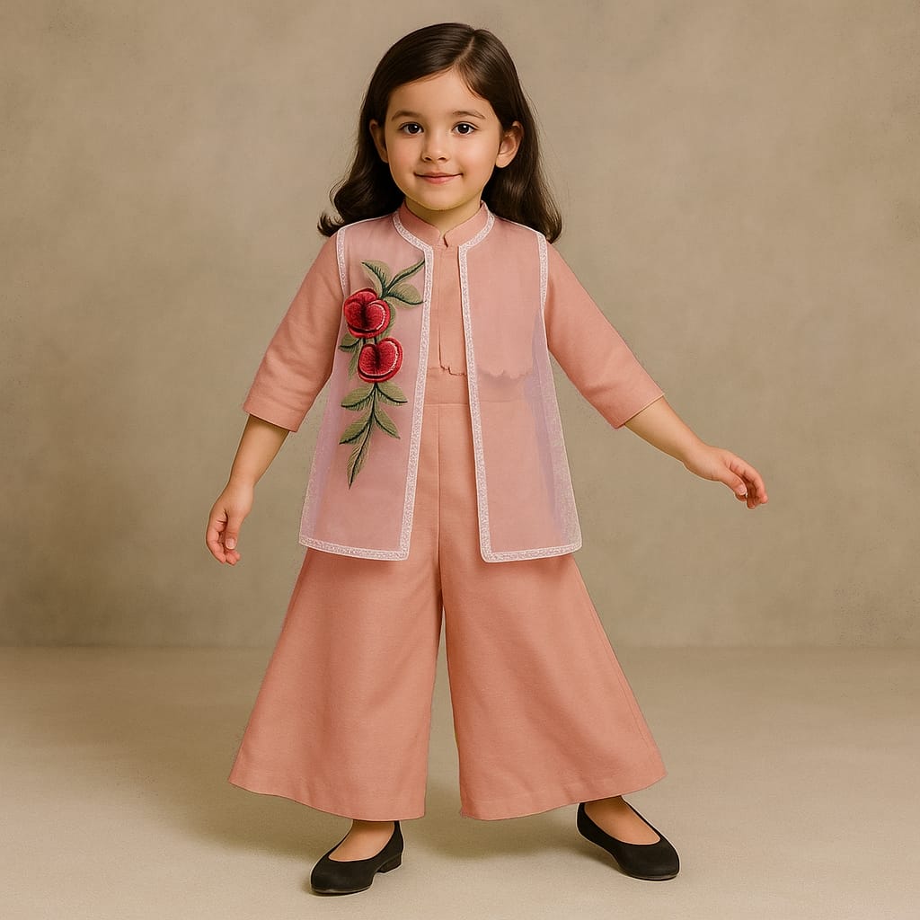 Pre Order: Peach Top With Embroidered Applique Jacket And Palazzo