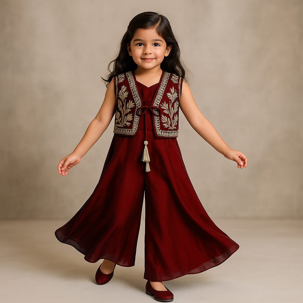 Pre Order: Maroon Jumpsuit With Velvet Embroidered Jacket