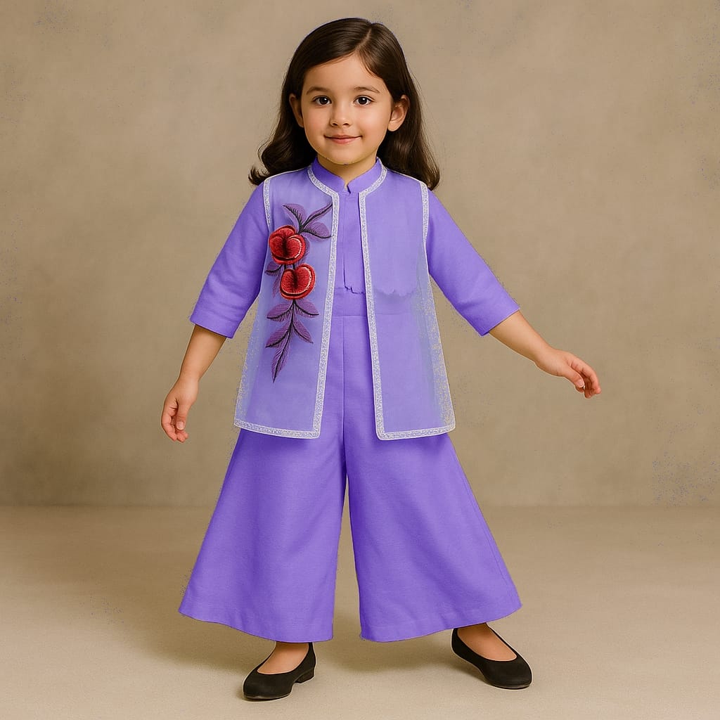 Pre Order: Purple Top With Embroidered Applique Jacket And Palazzo