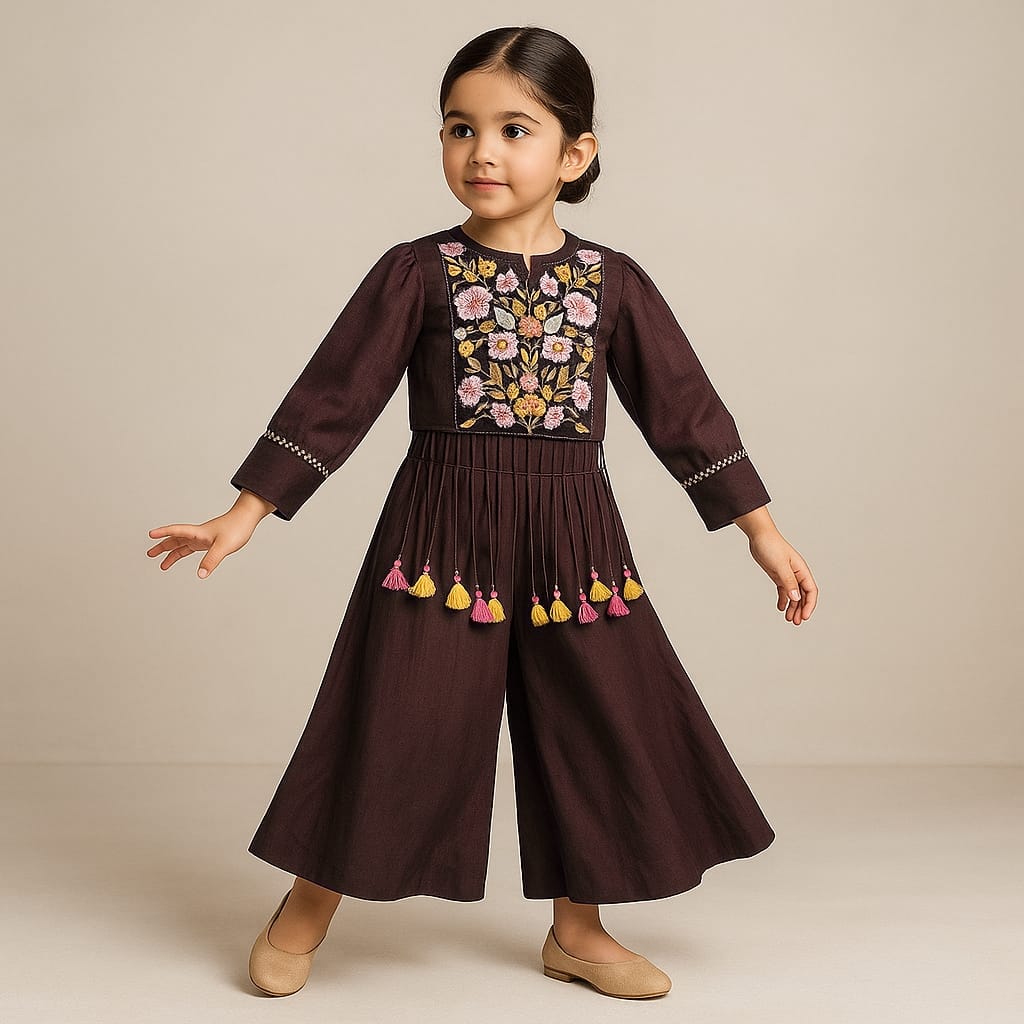 Pre Order: Brown Embroidered Top And Flared Palazzo