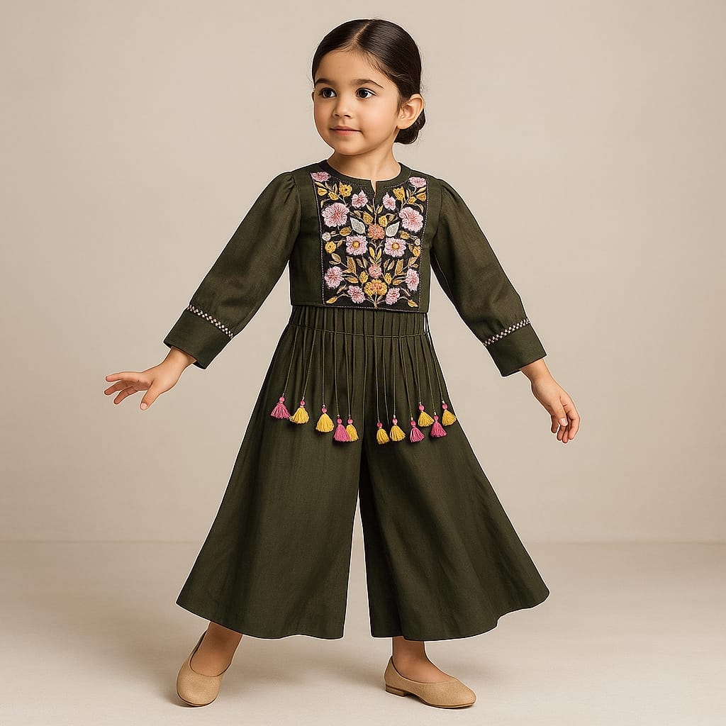 Pre Order: Dark Olive Embroidered Top And Flared Palazzo