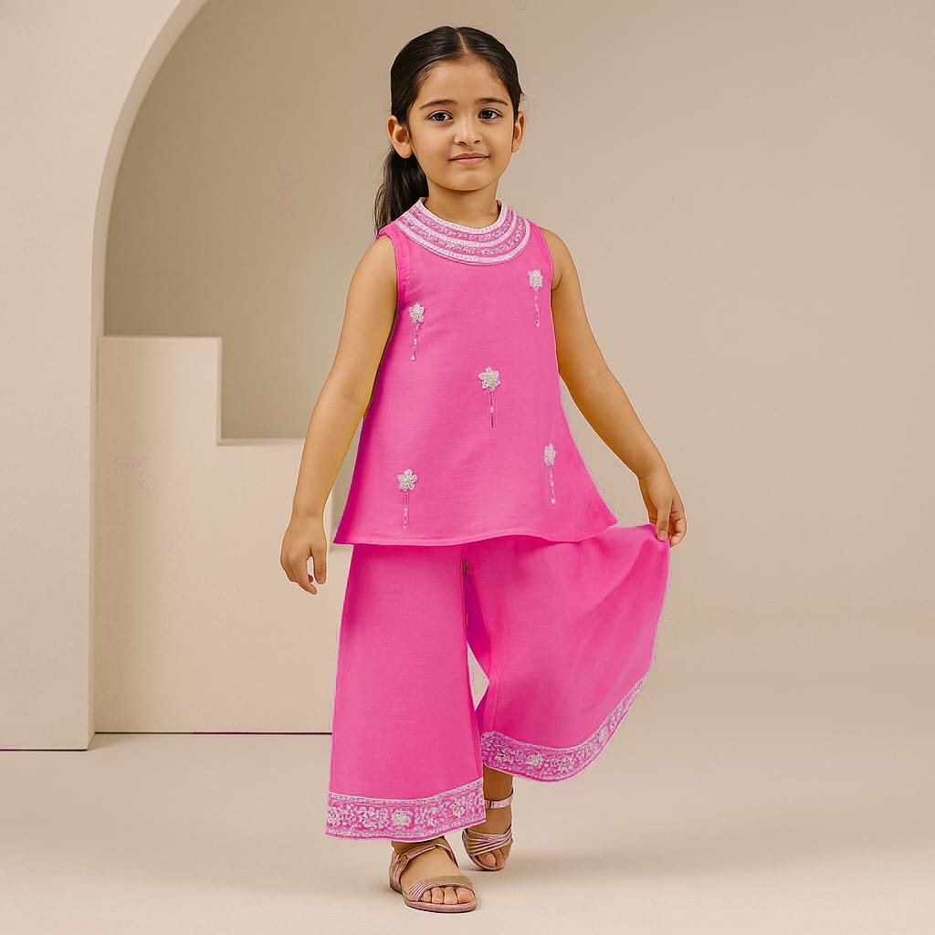Pre Order: Pink Embroidered Kurti And Flared Palazzo