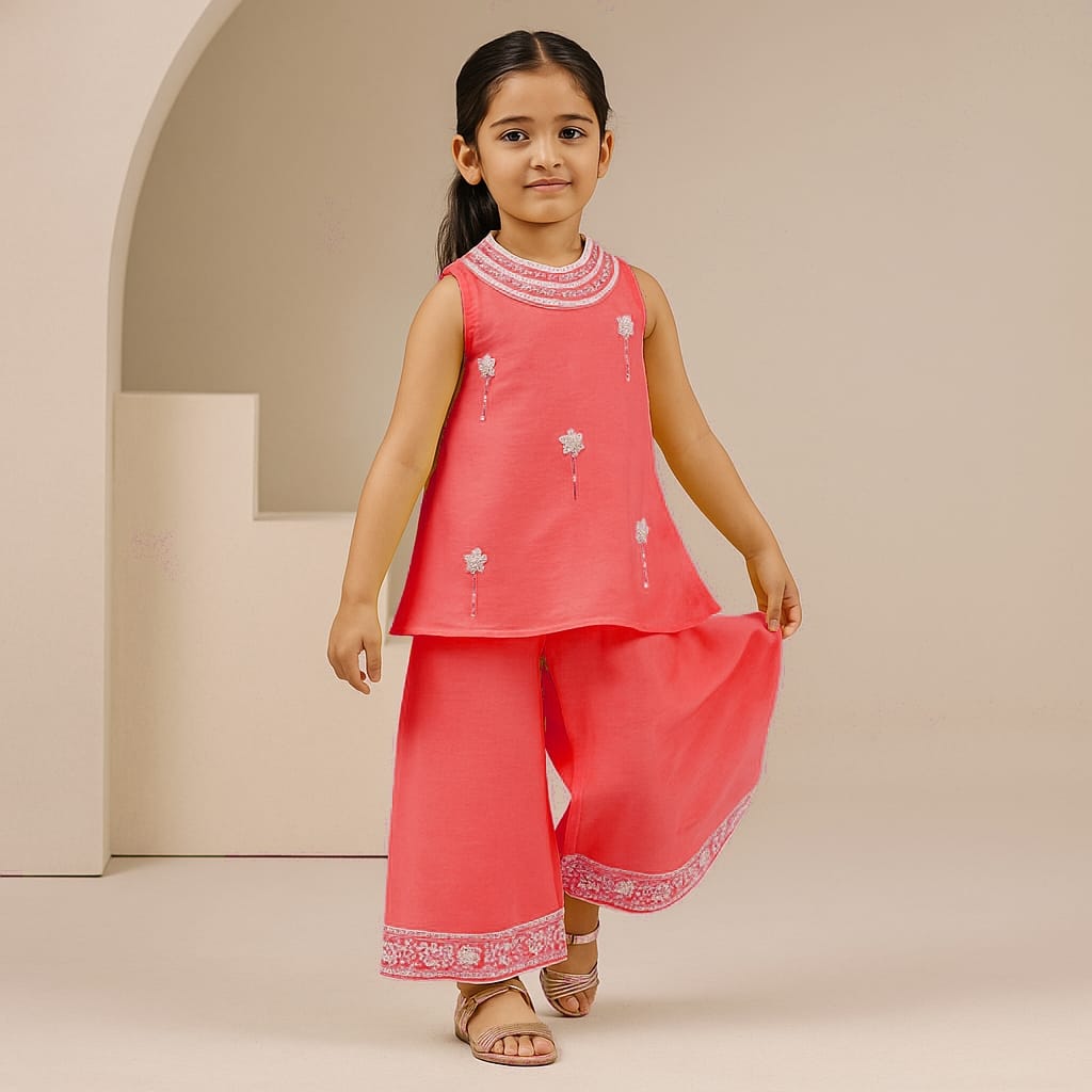 Pre Order: Peach Embroidered Kurti And Flared Palazzo