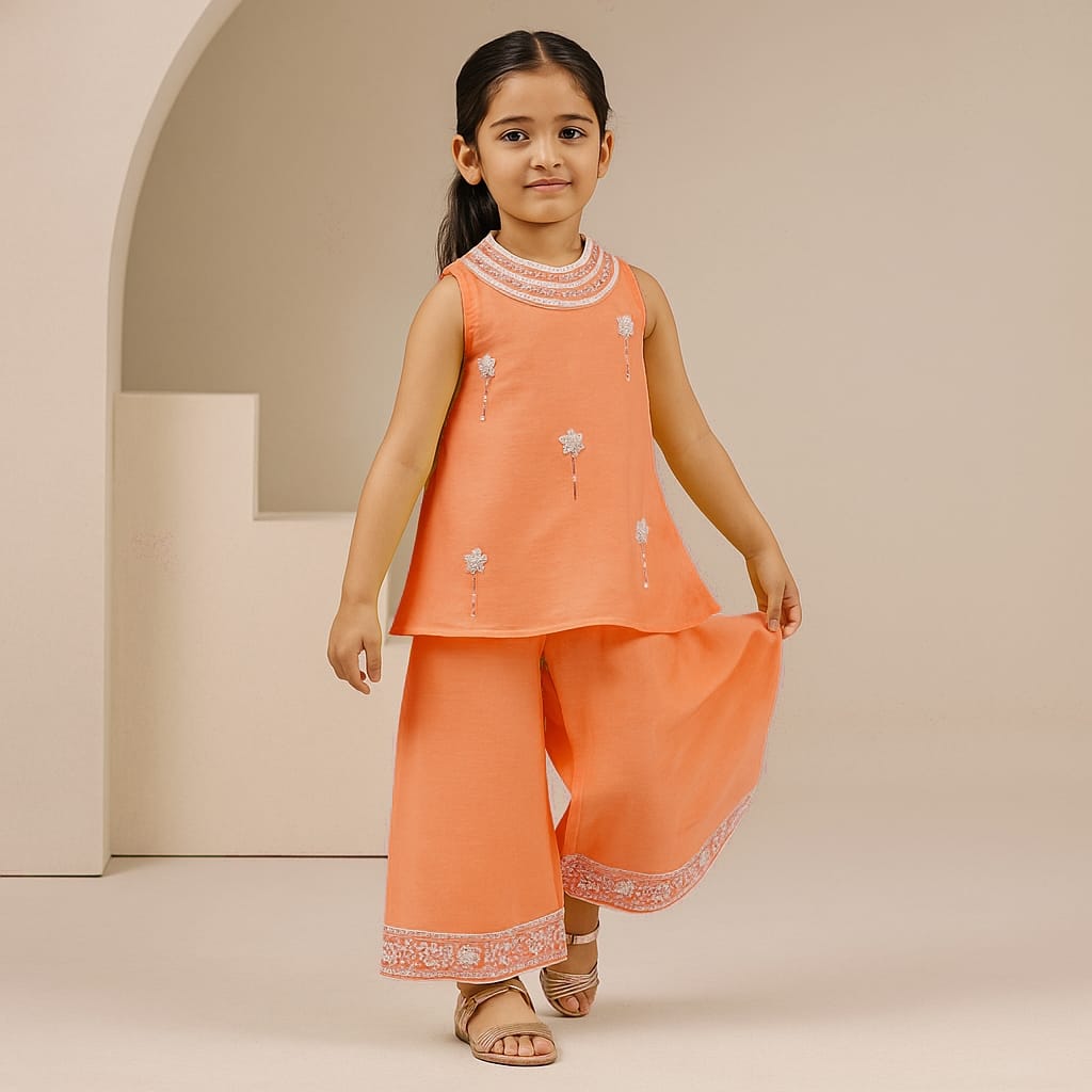 Pre Order: Orange Embroidered Kurti And Flared Palazzo
