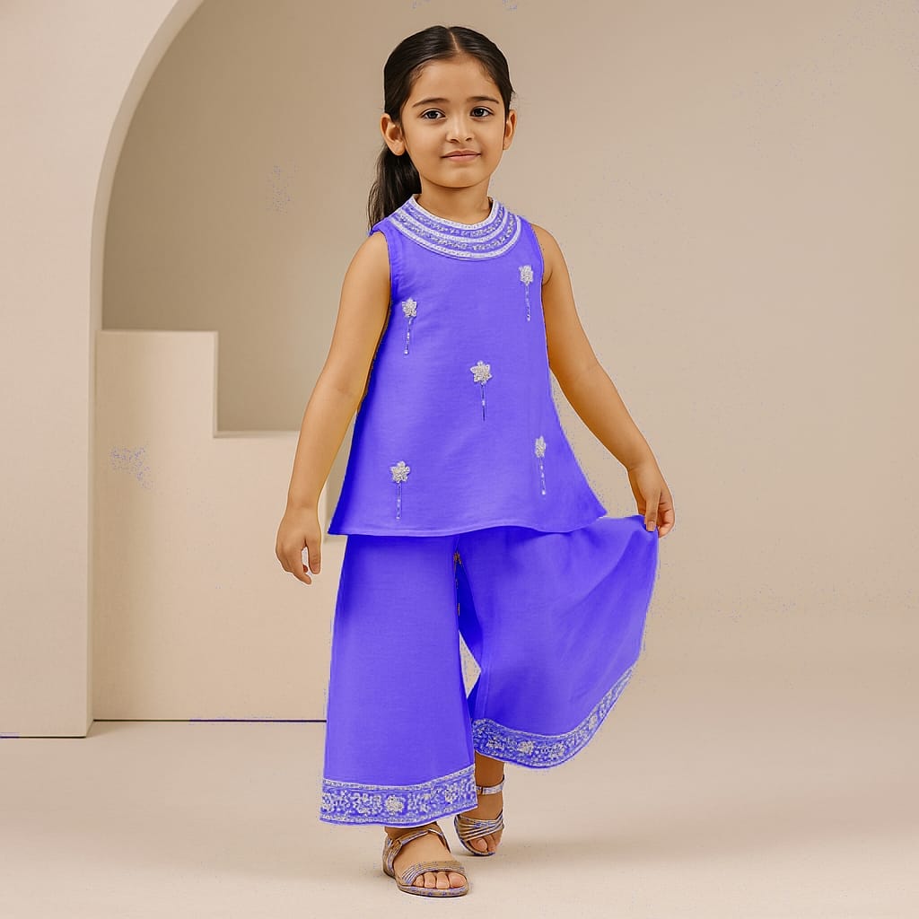 Pre Order: Purple Embroidered Kurti And Flared Palazzo