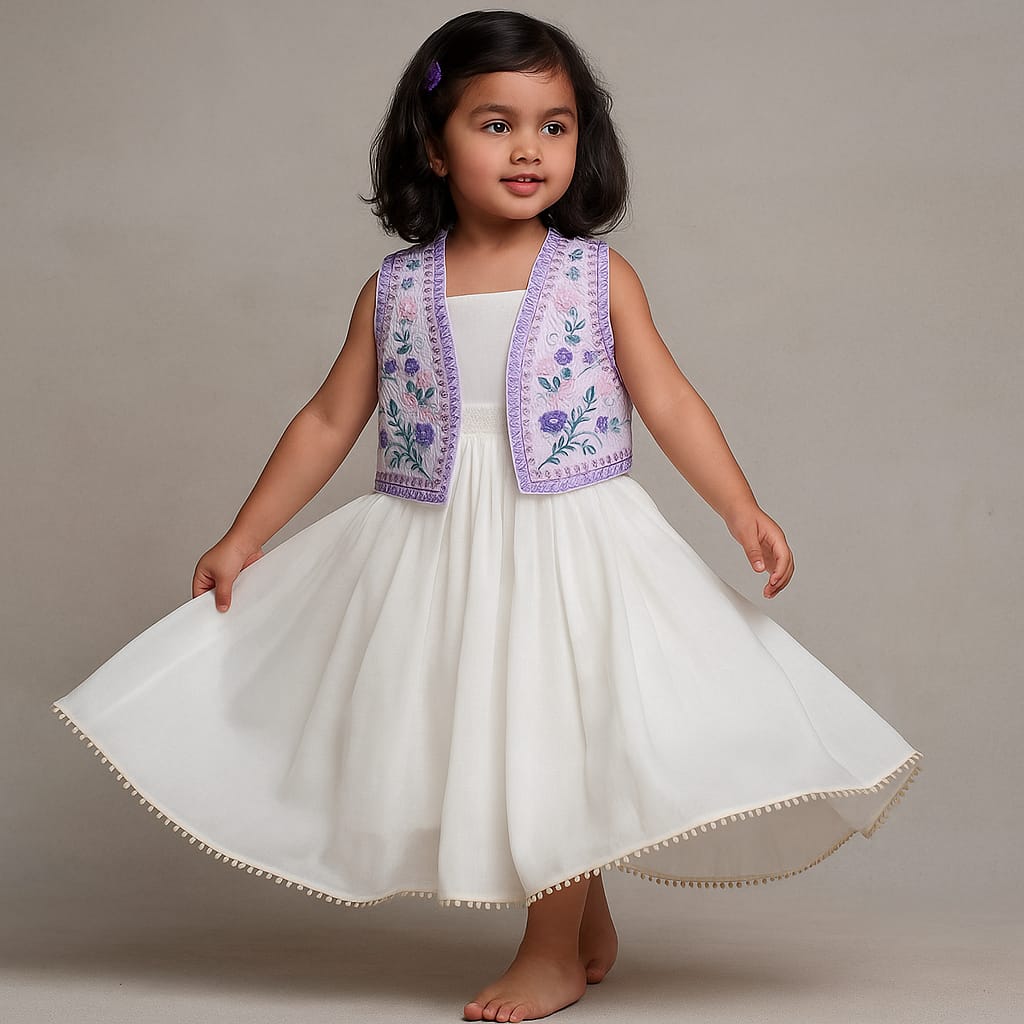 Pre Order: White Smocked Strappy Dress With Embroidered Waistcoat