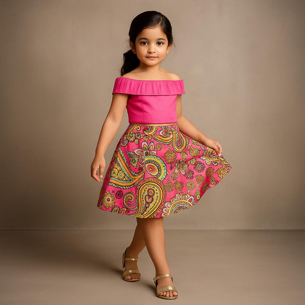 Pre Order: Off Shoulder Pink Organza Top With Multicolour Printed Skirt