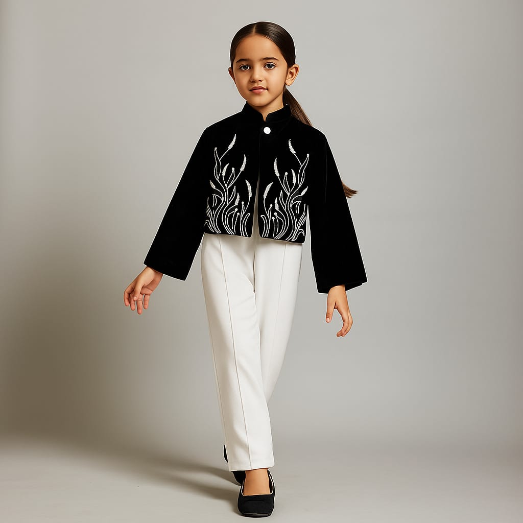 Pre Order: White Jumpsuit With Black Embroidered Jacket