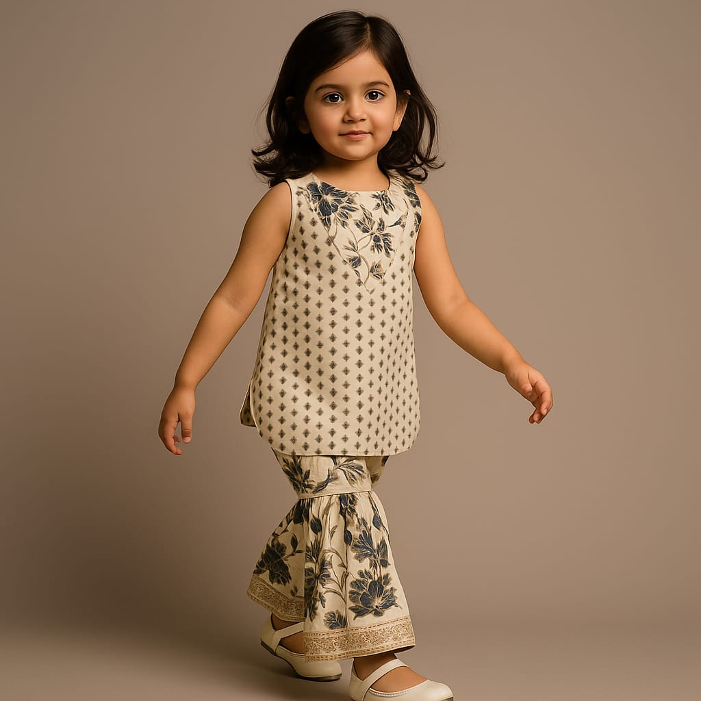 Pre Order: Beige Gota Lace Detailed Printed Kurti And Sharara