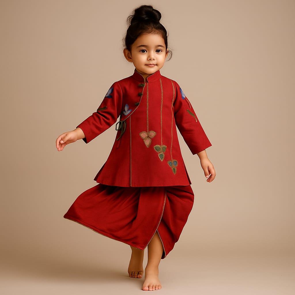 RTD Pre Order: Side Knot Detail Red Poplin Kurta And Dhoti