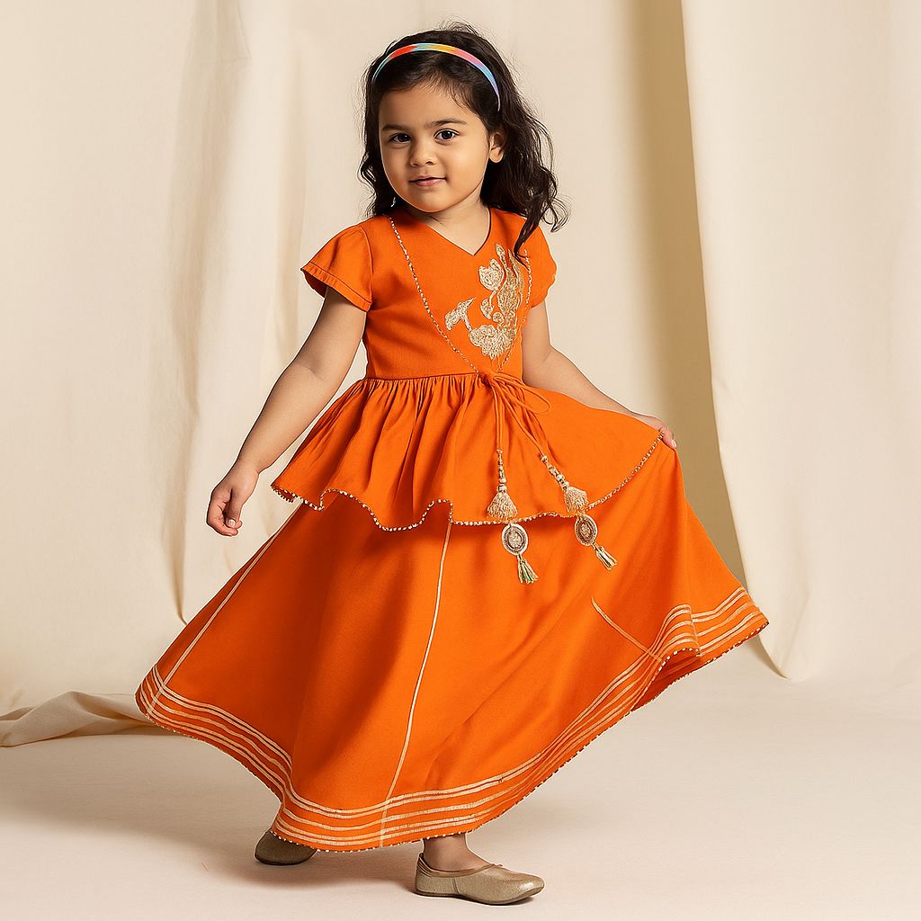 Pre Order: Embroidered Orange Dual Flaps Top And Lehenga