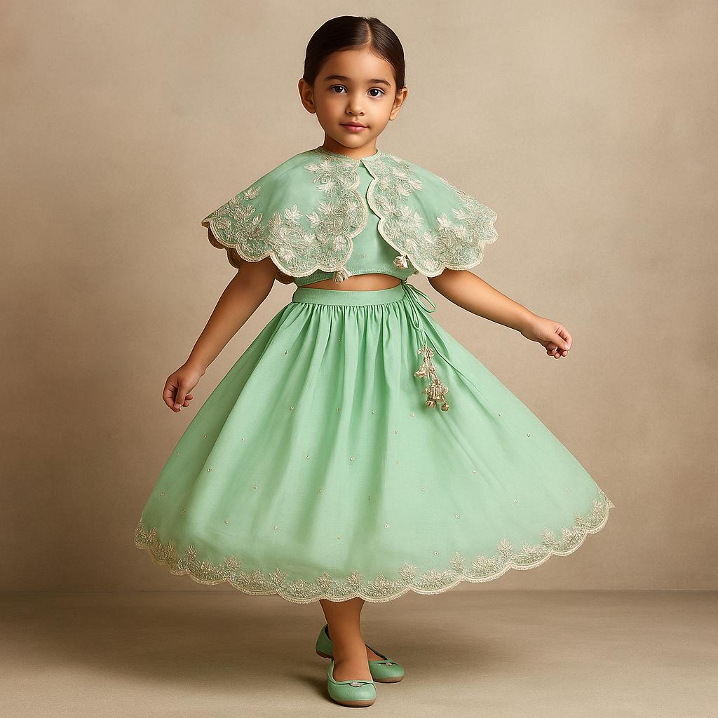 Pre Order: Green Embroidered And Embellished Cape Attached Top With Flared Lehenga