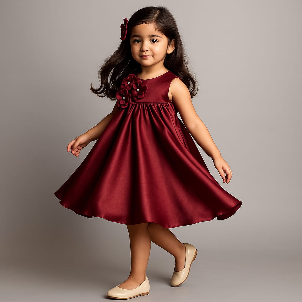 Pre Order: Maroon Flared Dress With Floral Embellishments