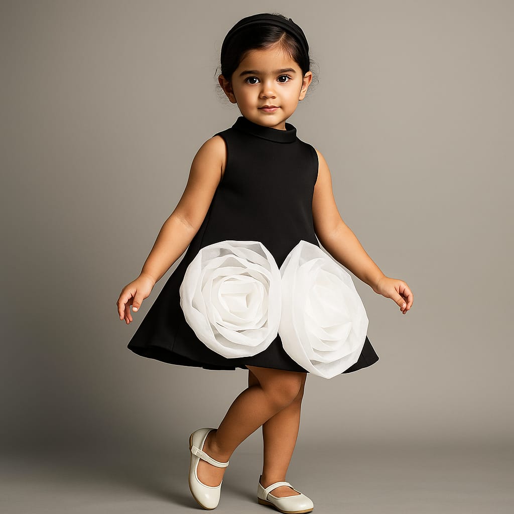 Pre Order: Organza Flower Detailed Black Dress