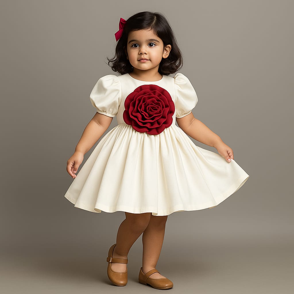 Pre Order: Red Flower Adorned Elegant Off White Puff Sleeve Dress