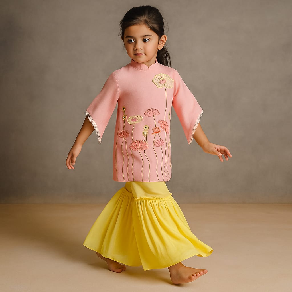 Pre Order: Pink Beaded Applique Embroidered Floral Kurta With Sharara