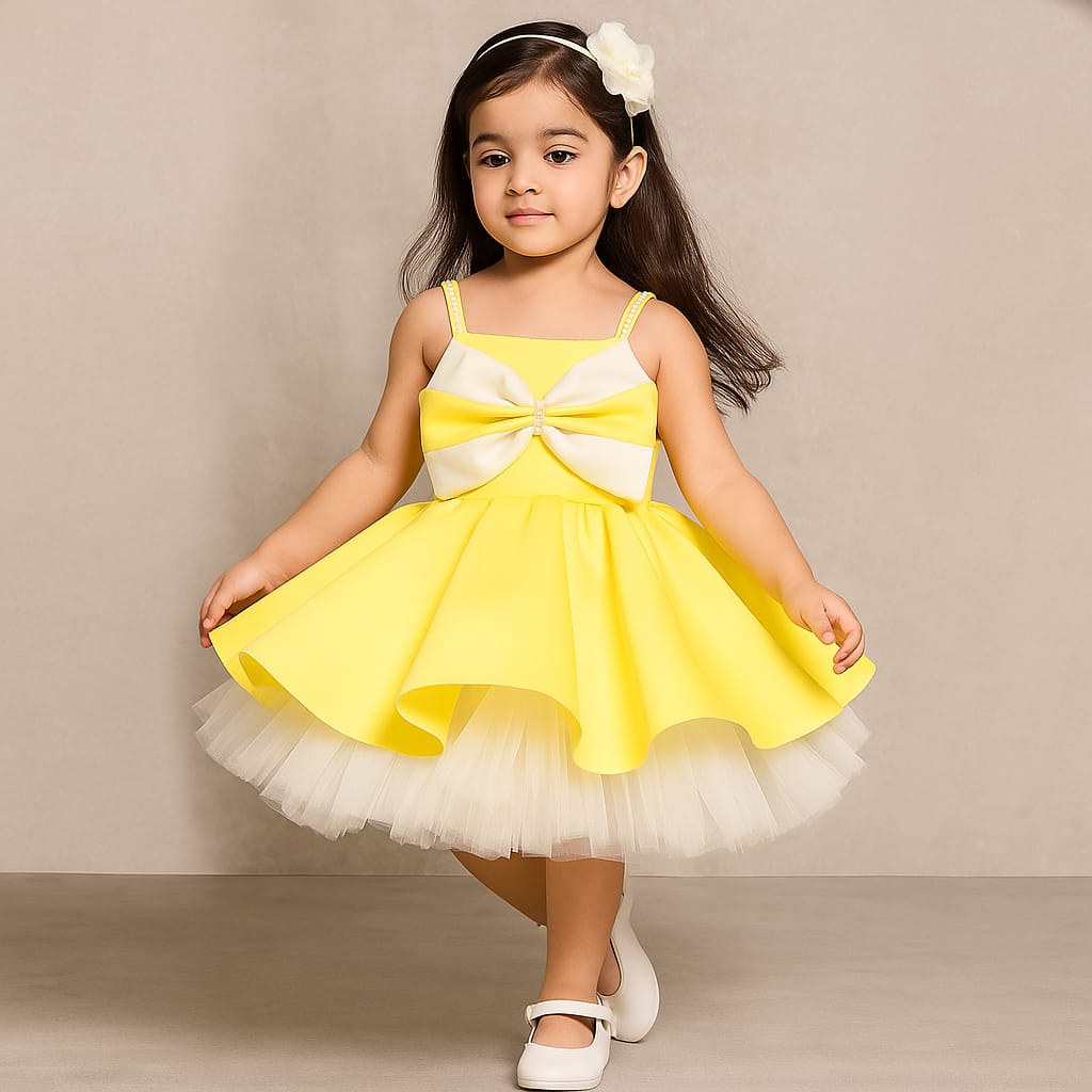 Pre Order: Bow Embellished Yellow Strappy Flared Dress