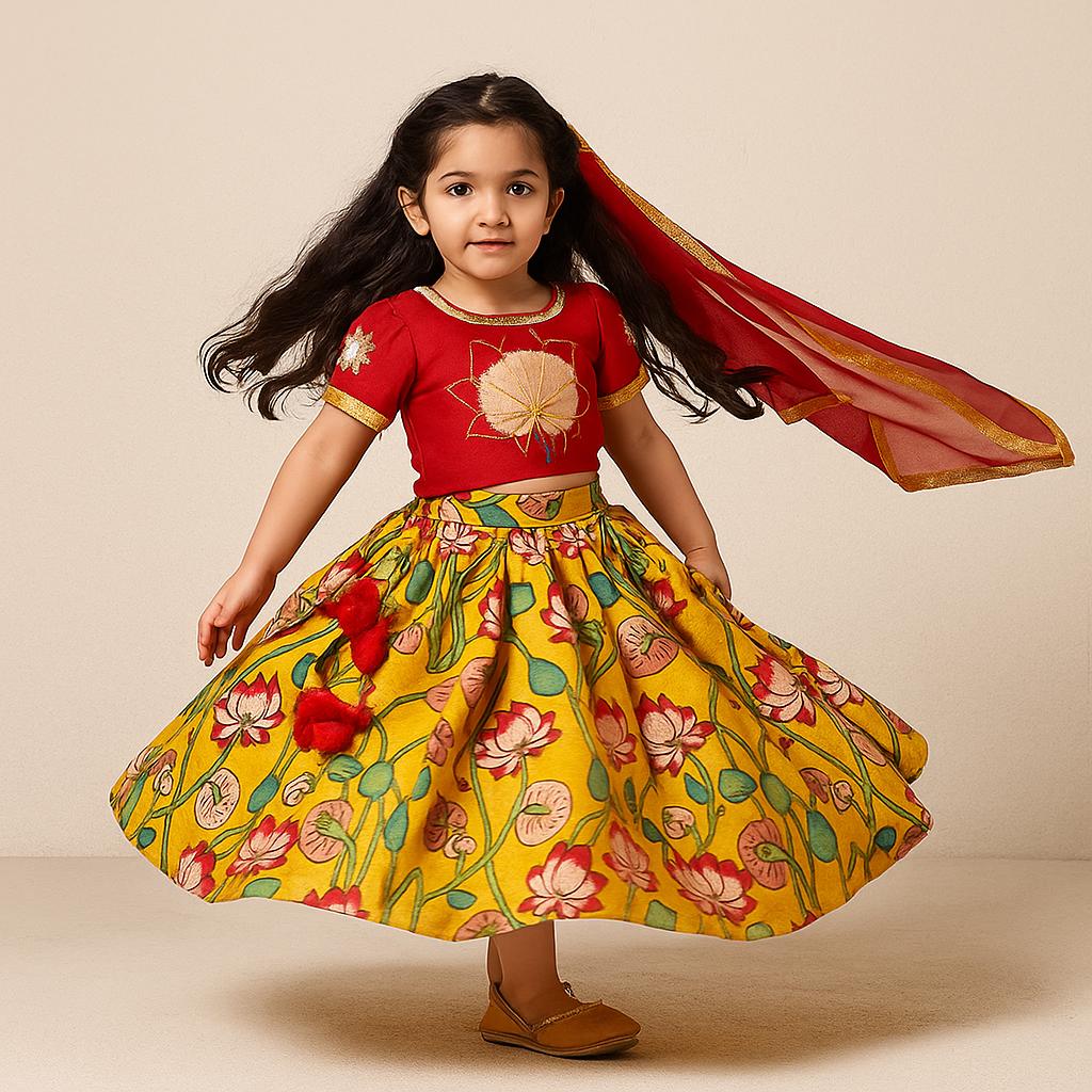 Pre Order: Red Top With Lotus Printed Lehenga And Fringed Dupatta