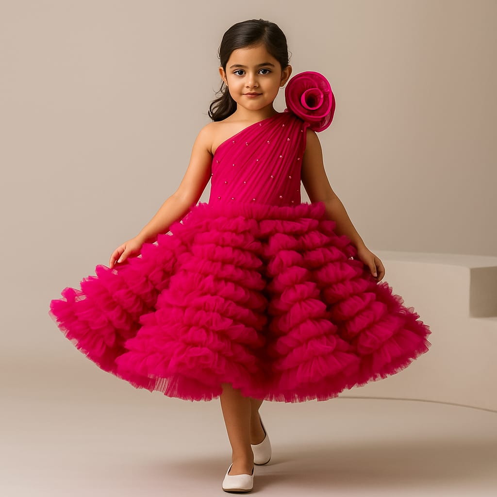 Pre Order: Swirl One Shoulder Frilled Dress Hot Pink
